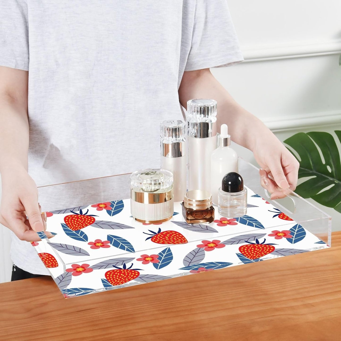 Acrylic Serving Tray with Handles Spill Proof Kitchen Storage Tray Clear Decorative Tray Makeup Drawer Organizer Storage Tray for Bathroom Living Room Ottoman 15.7x11.8Inches