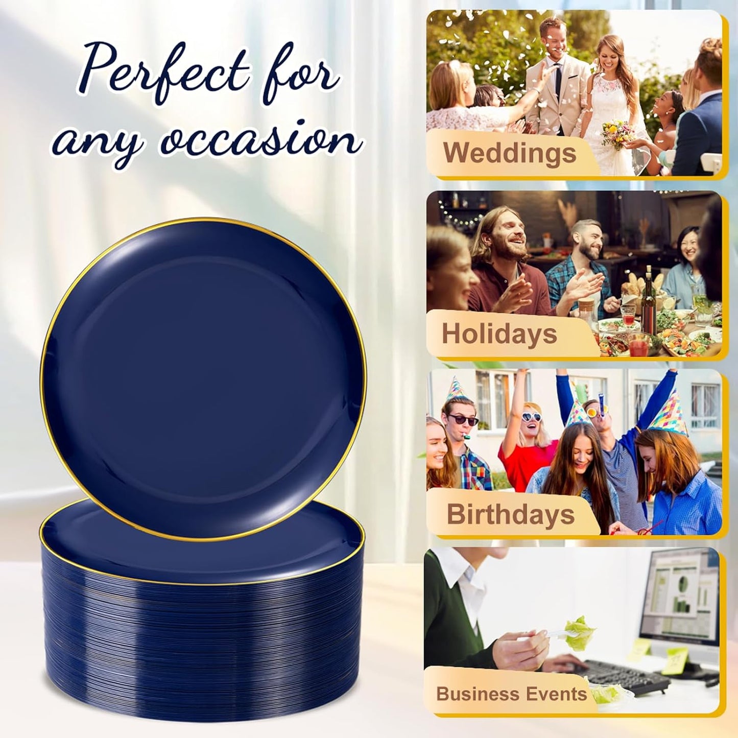 Festiva 200Pcs Navy Blue Gold Dessert Plates 6.3" with Plastic Forks 5"- Small Disposable Plates- Dessert/Cake/Appetizer Plastic Plates include 100Plates 100Forks for Christmas Party & Hanukkah