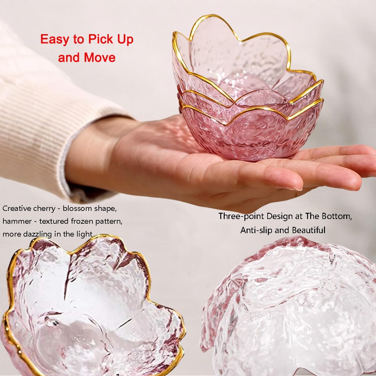 3 Pcs Pink Sakura Sauce Dishes Set with Gold Trim, Glass Cherry Blossom Dipping Bowls with Metal Spoons, Small Condiment Dishes for Soy Sauce, Sushi, Snacks, and Party Appetizers