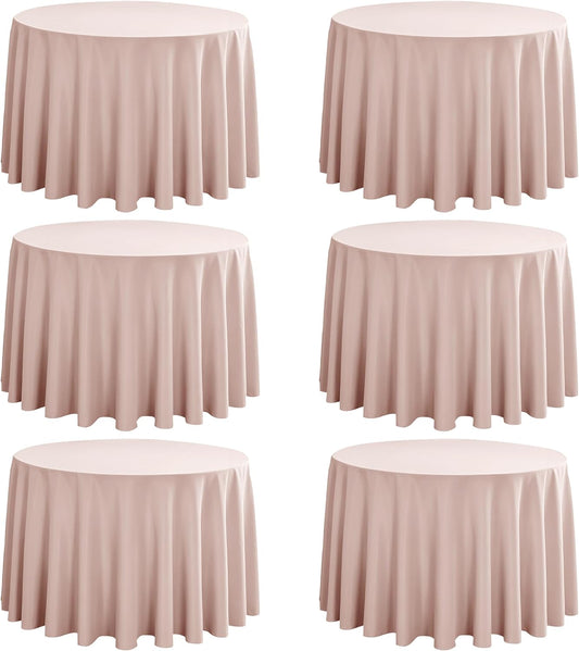 6-Pack Round 108-inch Dusty Pink Table Cloths, Solid Stain and Wrinkle Resistant Circular Tablecloth, Premium Plain Weave Polyester Fabric Table Linen Covers for Hotel, Banquet