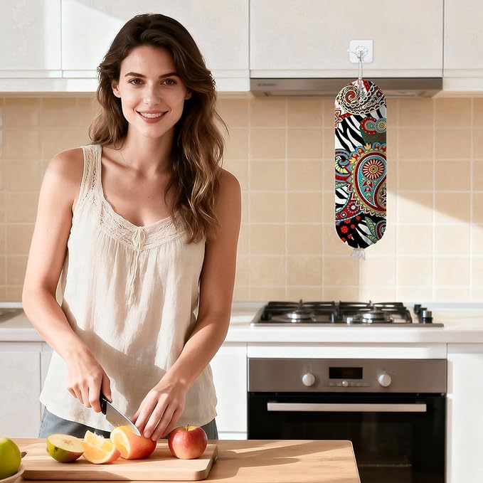 Plastic Bag Holder Bohemian Bag Holder Dispenser, Plastic Grocery Organizer & Wall Mount Paper Trash Bags Saver Storage for Kitchen Home Pantry Decor, Shopping Bags Storage Dispenser
