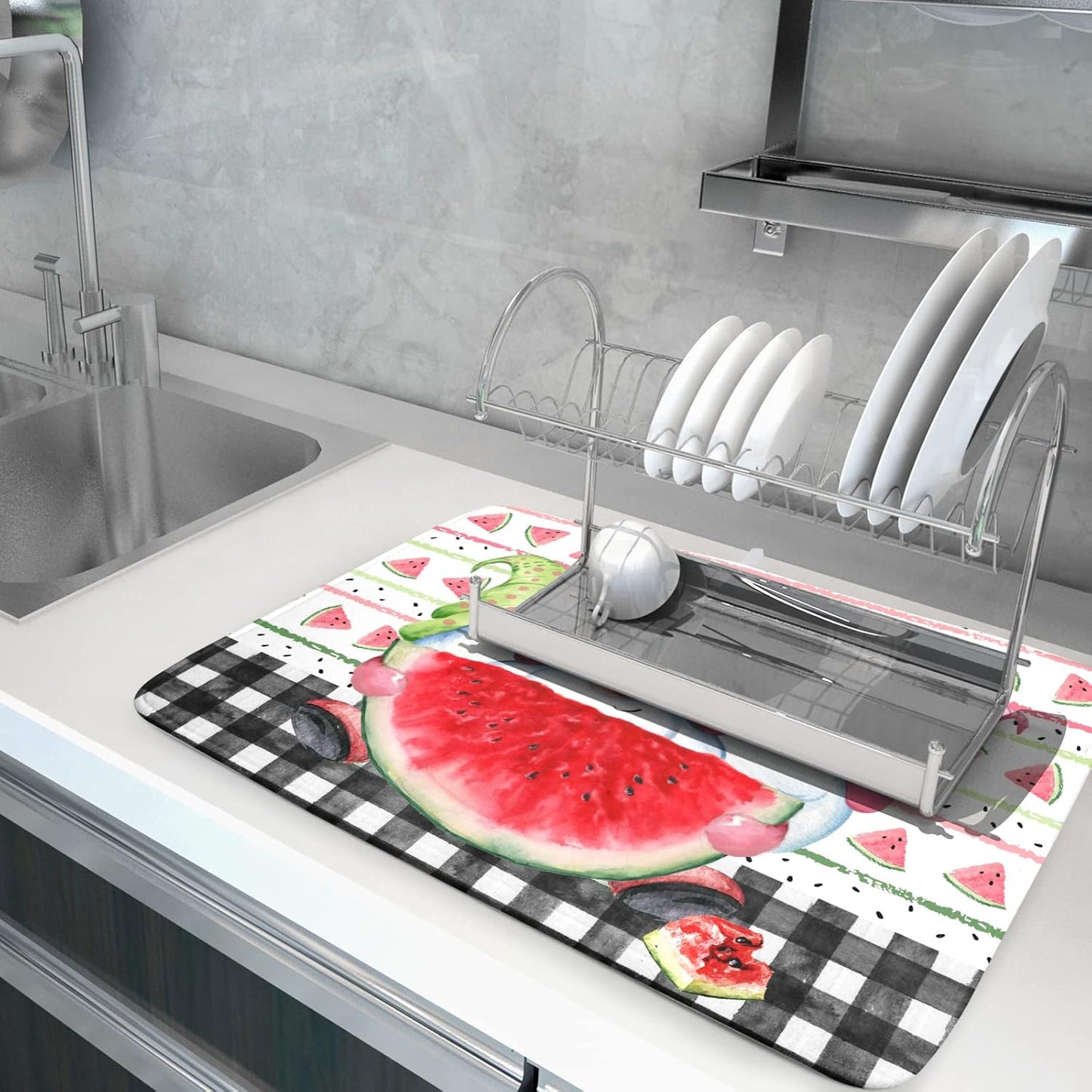 Summer Gnomes Dish Drying Mat 18x24 Inch ,Watermelon Fruit Buffalo Plaid Kitchen Dry Mats with Loop Absorbent Foldable Dishes Pad for Sink Counter Drainer Countertops Refrigerator Protector