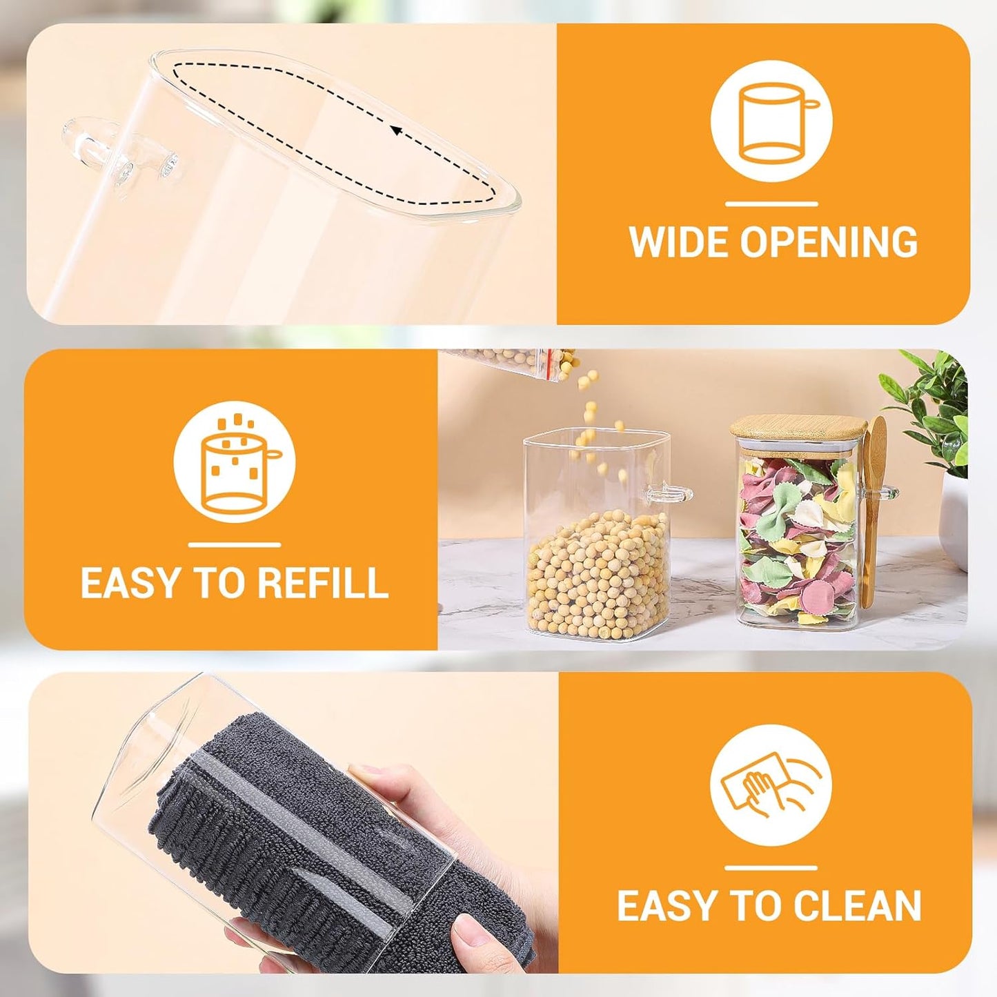 Glass Jars with Bamboo Lids and Spoon - 4 Pack 18 Fl.oz Square Glass Jars with Airtight Lid, Includes Labels and Marker, Pantry Storage Cointainer for Overnight Oat, Salad, Sugar Tea Canister