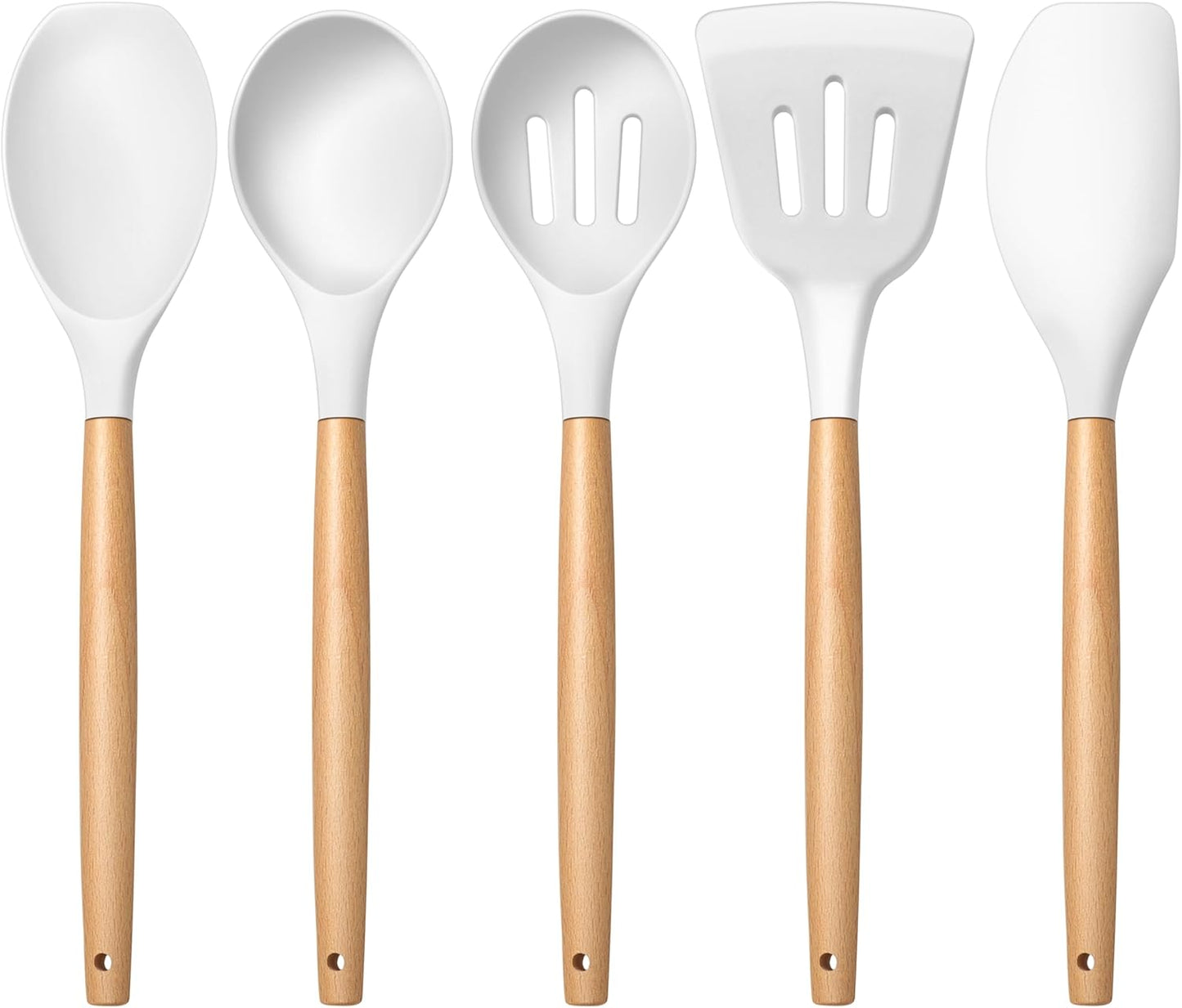 E-far Silicone Cooking Utensils Set, 5-Piece Kitchen Utensils Set with Wooden Handle for Cooking, Silicone Kitchen Nonstick Tools Spatula Turner Slotted Spoons, Nontoxic & Heat Resistant-White
