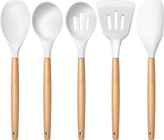 E-far Silicone Cooking Utensils Set, 5-Piece Kitchen Utensils Set with Wooden Handle for Cooking, Silicone Kitchen Nonstick Tools Spatula Turner Slotted Spoons, Nontoxic & Heat Resistant-White