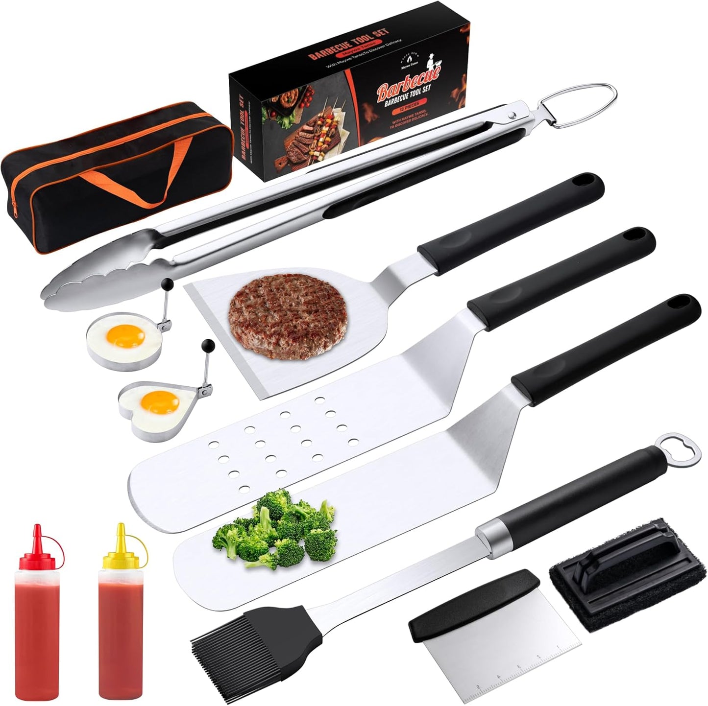 Griddle Accessries Kit, 12Pcs Stainless Steel Metal Spatula Set, Grill BBQ Spatula Utensils Set with Storage Bag, Professional Grill Spatula Set for Men Women Outdoor BBQ & Camping