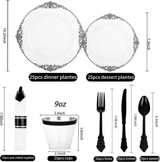 Hioasis 175pcs Clear Black Plastic Plates - Elegant Disposable Dinnerware Set Suitable for 25 Guests Include 10.25" Dinner & 7.5" Dessert Plates, Pre Rolled Silverware Set, Cups for Party & Halloween