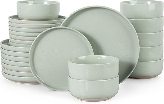 HaWare Stoneware Dinnerware Sets, 24-Piece Plates and Bowls Set for 8, Dishes Set for Home Restaurant,Speckled Asparagus Green
