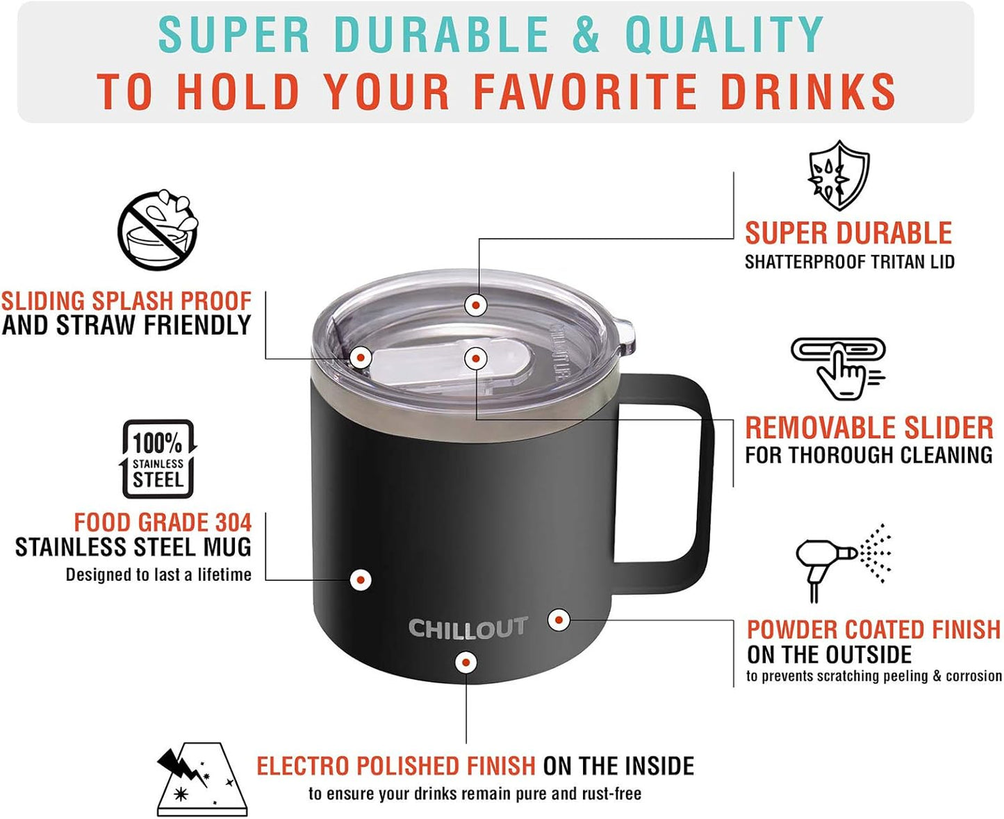 CHILLOUT LIFE Stainless Steel 16 oz Vacuum Insulated Coffee Mug with Handle and Lid, Large Thermal Camping Coffee Mugs with Sliding Lid for Men & Women - Keeps your Beverages Hot/Cold, 2 Pack