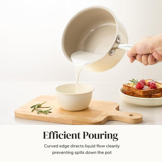 Redchef Ceramic Sauce Pan with Lid, 2.5QT Small Saucepan, Nonstick Cooking Pot with Stay-Cool Handle, Kitchen Non Toxic Soup Pot, PTFE & PFOA Free, Oven Dishwasher Safe, Compatible All Stovetops-Beige