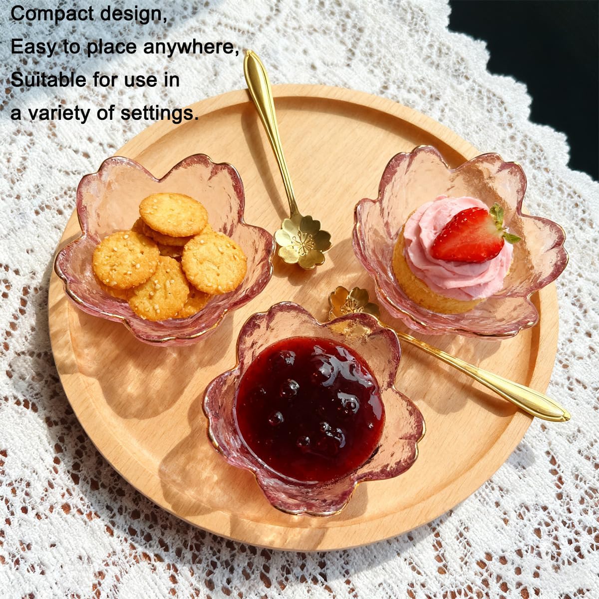 3 Pcs Pink Sakura Sauce Dishes Set with Gold Trim, Glass Cherry Blossom Dipping Bowls with Metal Spoons, Small Condiment Dishes for Soy Sauce, Sushi, Snacks, and Party Appetizers