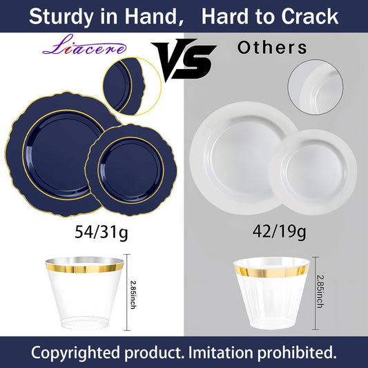 Liacere 350PCS Navy Blue Plastic Plates-Disposable Blue Gold Plates 50guest Plastic Dinnerware include 100Plates,50Pack Pre Rolled Napkins with Silverware 50Cups for Wedding＆Halloween