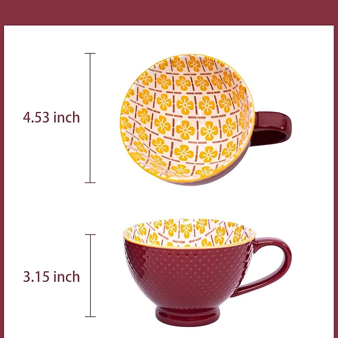 Topadorn Ceramic Coffee Mugs with Handle Set of 2, Hand-Painted Floral Pattern Ceramic Soup Mugs for Salad, Cappuccino, Cereal, Latte, Tea, Cocoa, Breakfast Oatmeal Cups(Blue & Red)