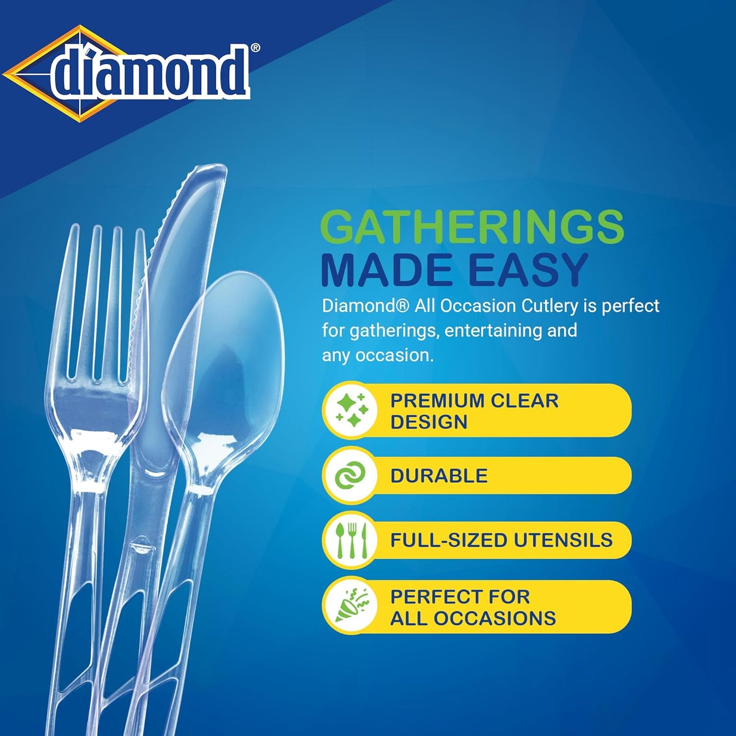 Diamond® Premium Clear Plastic Cutlery Set – 288 Count (144 Forks, 96 Spoons, 48 Knives), Disposable Full-Size Utensils, Party & Everyday Use