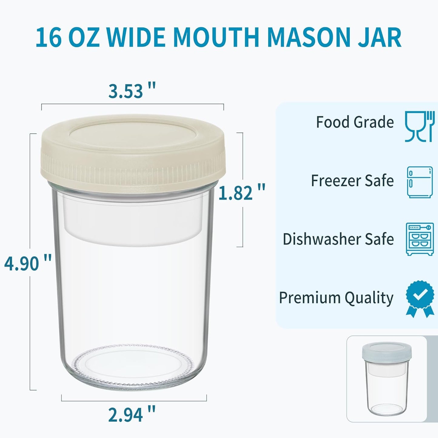 16 oz Overnight Oats Containers with Airtight Lids - 2-Pack Leak-Proof Wide Mouth Mason Jars & Divided Cups for Dried and Wet Foods, Glass Jars for Chia Pudding, Salad, Snacks, and Yogurt