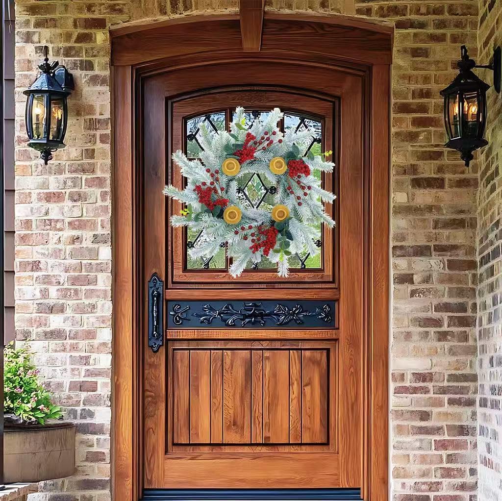 20Inch Christmas Cedar Candle Wreath for Front Door, Artificial Advent Candle Holder with Red Berries Greenery Leaves for Holiday Tabletop Wall Window Porch Candle Decor