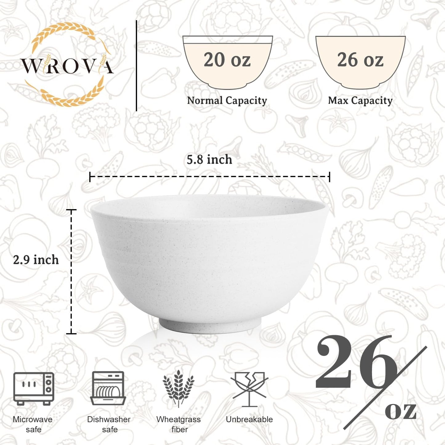 Wrova Wheat Straw Camping Bowls Sets of 6,Unbreakable 26oz Lightweight Bowls Sets for Outdoors Activity,Breakfast Bowls for Cereal and Salad.White Series
