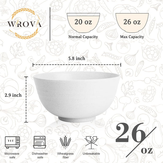 Wrova Wheat Straw Camping Bowls Sets of 6,Unbreakable 26oz Lightweight Bowls Sets for Outdoors Activity,Breakfast Bowls for Cereal and Salad.White Series