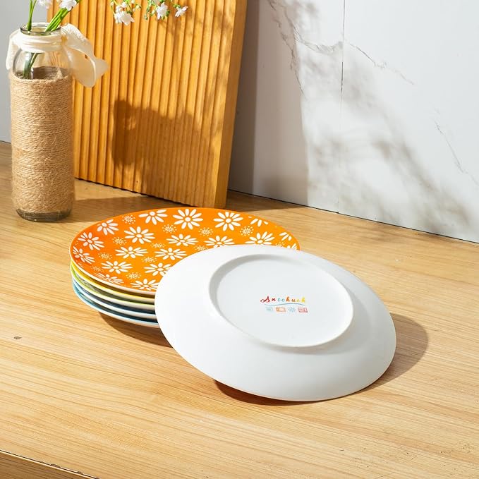 AntoKueh Ceramic Salad Plates Set of 6, 8 Inch Small Dessert Plates, Colorful Porcelain Plate Set for Appetizer, Cake, Snacks, Dishwasher & Microwave Safe