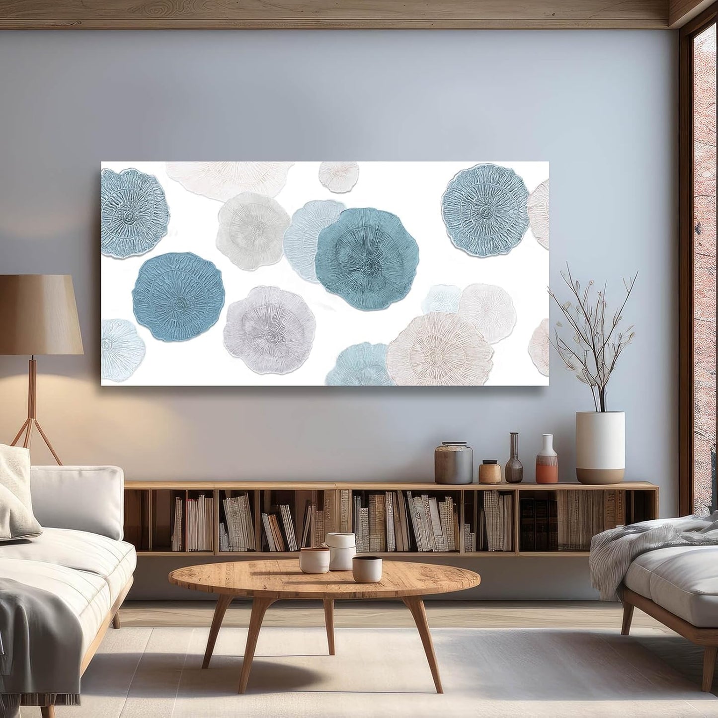 VAYIMDH Blue Wall Prints on Canvas White and Grey Abstract Wall Decor for Home Living Room Framed Poster Cozy Bedroom Painting 24"x 48" Flowers Wall Art