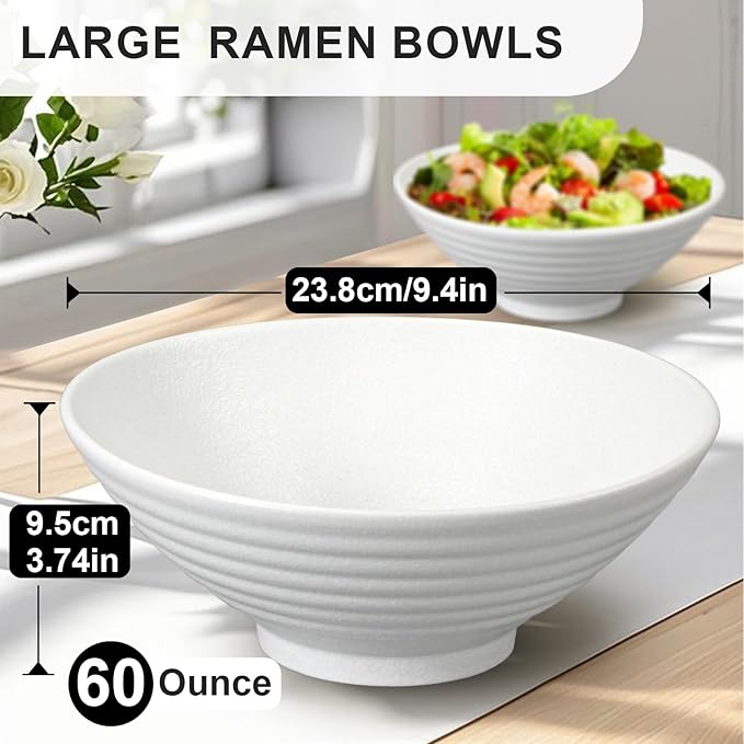 9.4Inch Ceramic Ramen Bowl Set of 4 (17 Piece) - Porcelain Japanese Salad Noodles Cereal Fruit Pasta Soup Large Bowls with Recipes Chopsticks Forks Spoons for Men Women Gift Microwave Dishwasher Safe