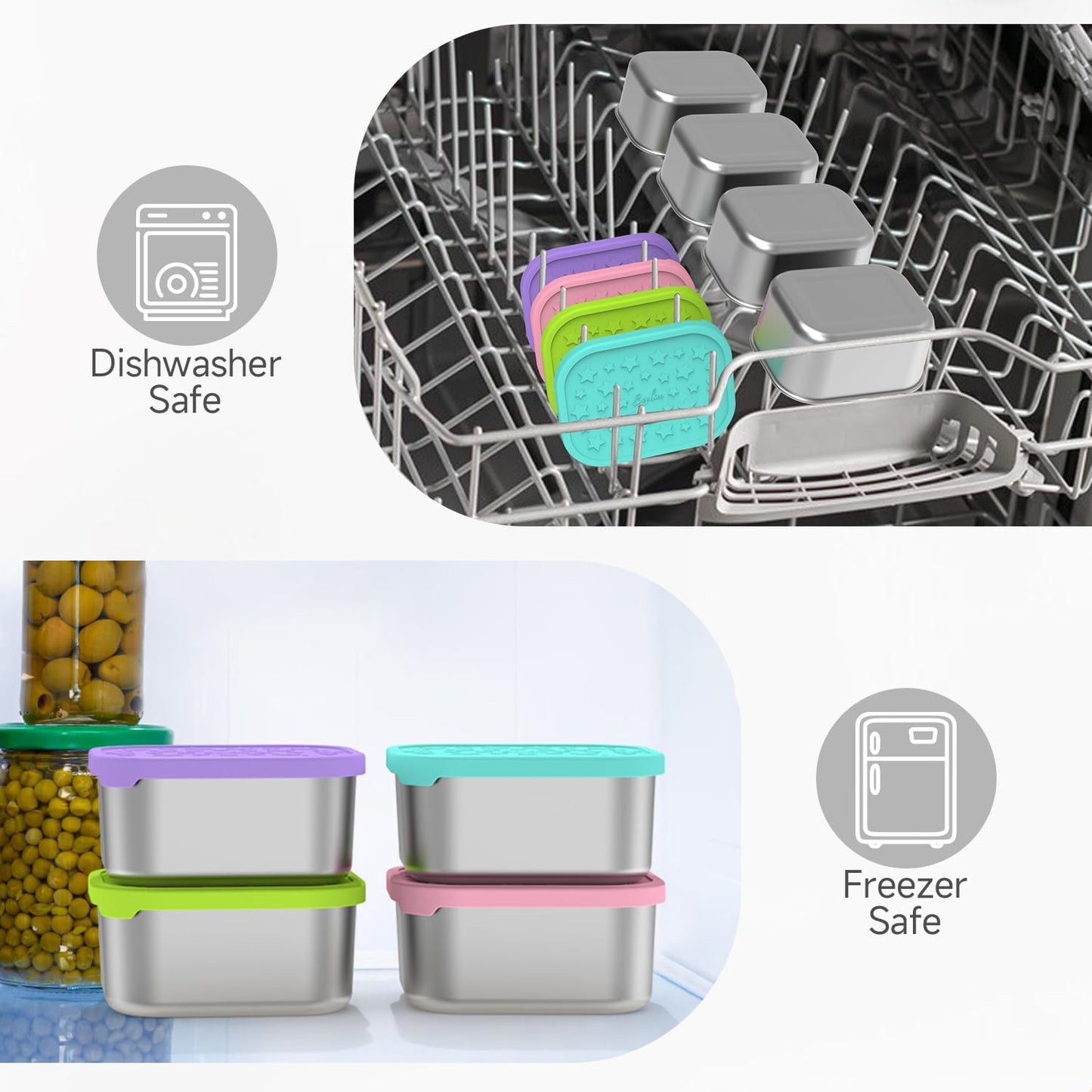 SOPHICO Stainless Steel 14 OZ Snack Containers for Kids，Food Storage Container with Silicone Lid - Perfect 304 Metal Toddler Lunch Box for Daycare and School, Leak Proof (MIX, 4 PACK)