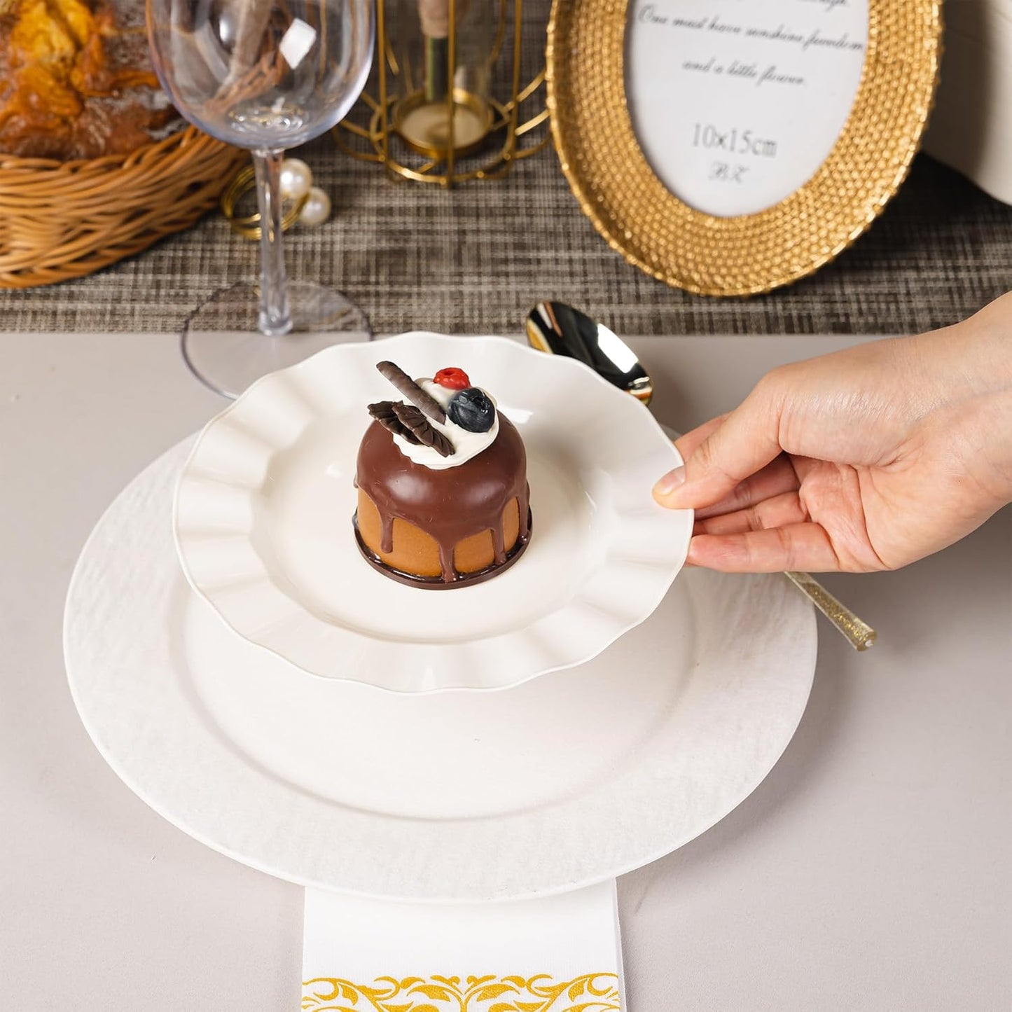 72 Pack Ivory Plastic Plates, 7" Disposable Wave Salad/Dessert Plates Elegant Heavy Duty Plate for Party, Wedding, Thanksgiving, Christmas