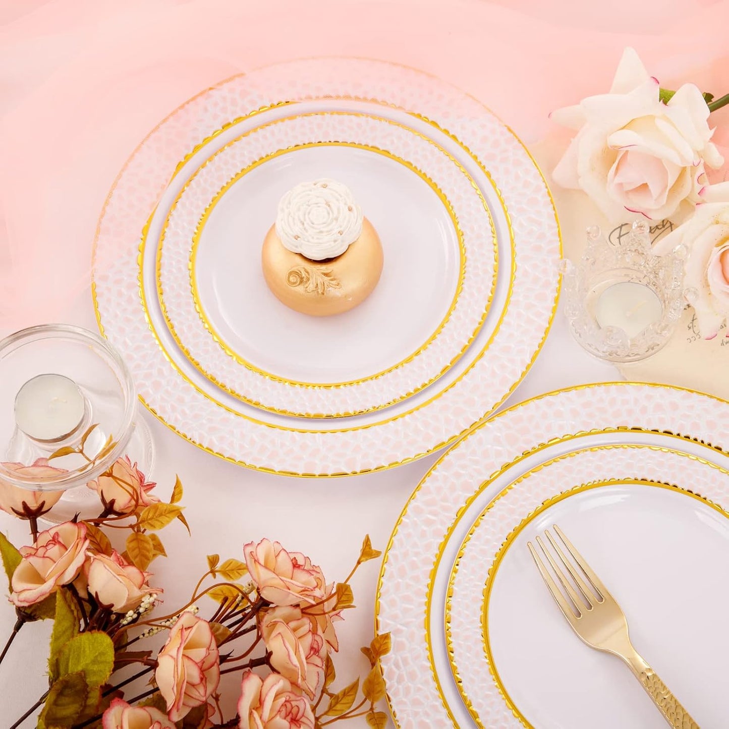 Ciaell 150PCS Pink Plastic Plates – Disposable Pink and Gold Plates Set include 50Plates, 25Forks, 25Knives, 25Spoons, 25Cups for Wedding & Party