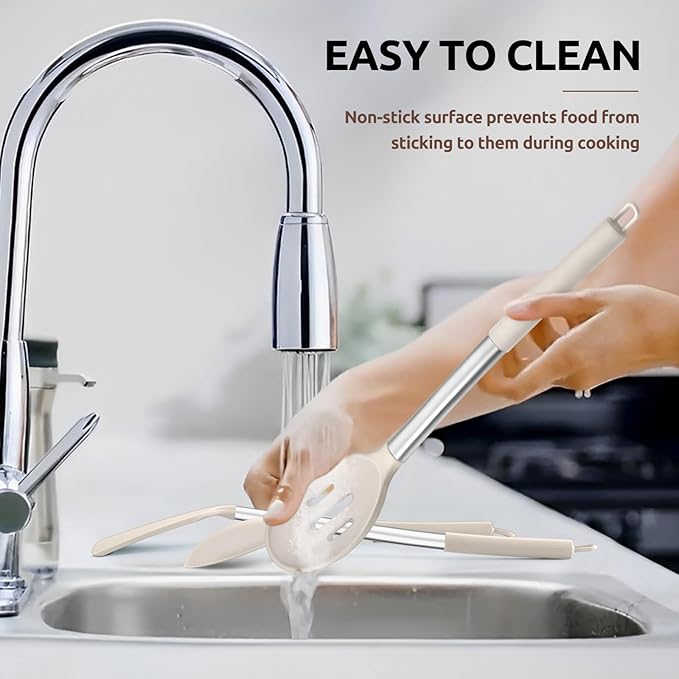 E-far Cooking Utensils Set of 4, Silicone Kitchen Utensils for Non-stick Cookware, Heat Resistant & Non-toxic Slotted Spatula Solid Spoon Turner for Flipping Mixing Serving Basting(Khaki)