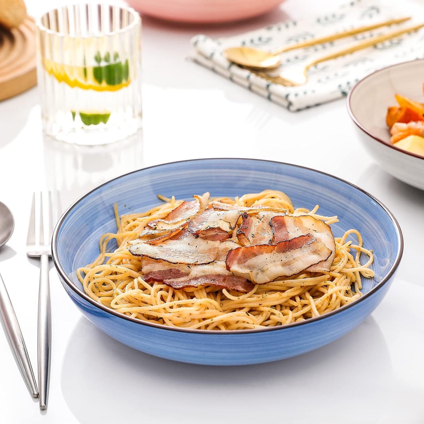 KitchenTour Ceramic Pasta Bowls - Large Salad Bowls Porcelain Serving Bowl Set 26 Ounce - 8 Inch Soup Bowl - Dishwasher and Microwave Safe - Set of 6, Assorted Warm Colors