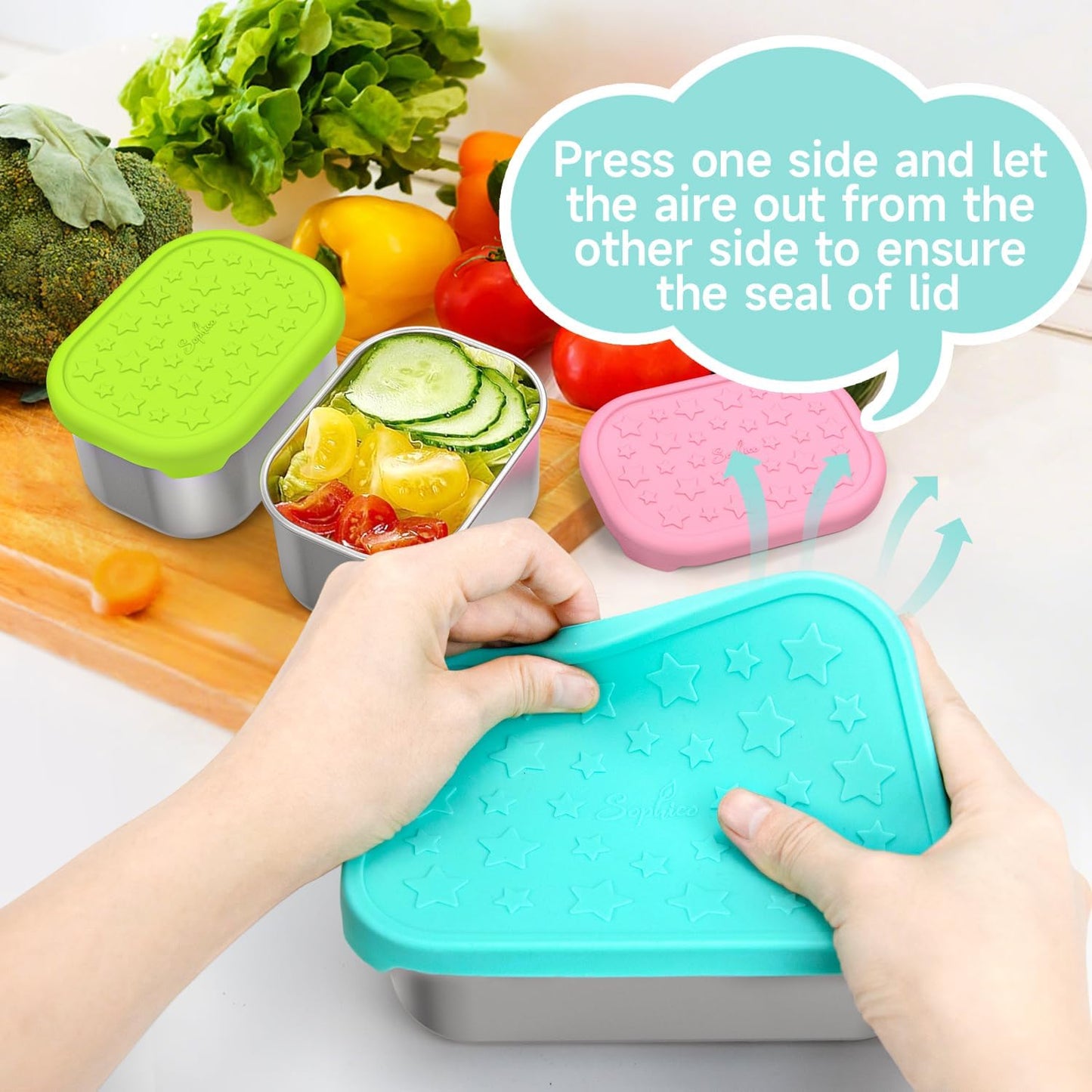 SOPHICO Stainless Steel 24 OZ Snack Containers for Kids，Food Storage Container with Silicone Lid - Perfect 304 Metal Toddler Lunch Box for Daycare and School, Leak Proof(Mint)