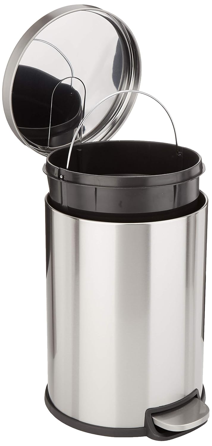 Amazon Basics Round Cylindrical Home Office Trash Can With Soft-Close Foot Pedal, 20 l /5.3 gallon, Brushed Stainless Steel