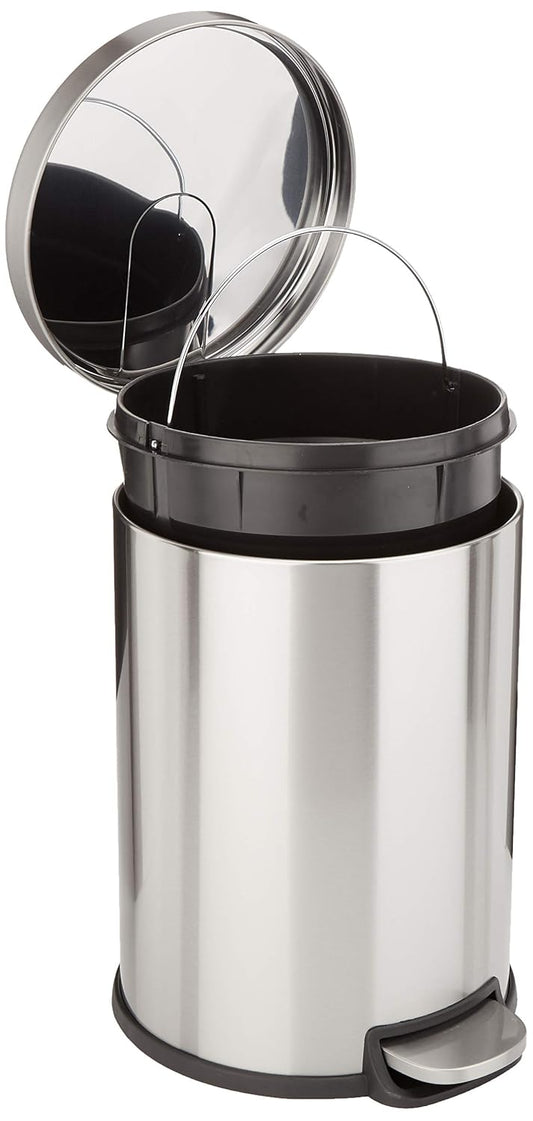 Amazon Basics Round Cylindrical Home Office Trash Can With Soft-Close Foot Pedal, 20 l /5.3 gallon, Brushed Stainless Steel