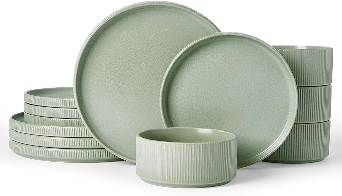 Famiware Star Dinnerware Set, Plates and Bowls Sets for 4 (12pcs), Ribbed Stoneware Dishes - Chip & Scratch Resistant, Microwave & Dishwasher Safe, Matte Sage Green