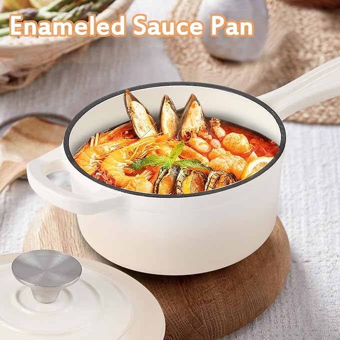 Enameled Cast Iron Sauce Pan, 1 Quart Enameled Saucepan with Lid, Mini Dutch Oven Enamel Saucepan for Cooking Pasta Sauce, Gravy, Puddings, Marinate, Boiling (Gradient Caramel)