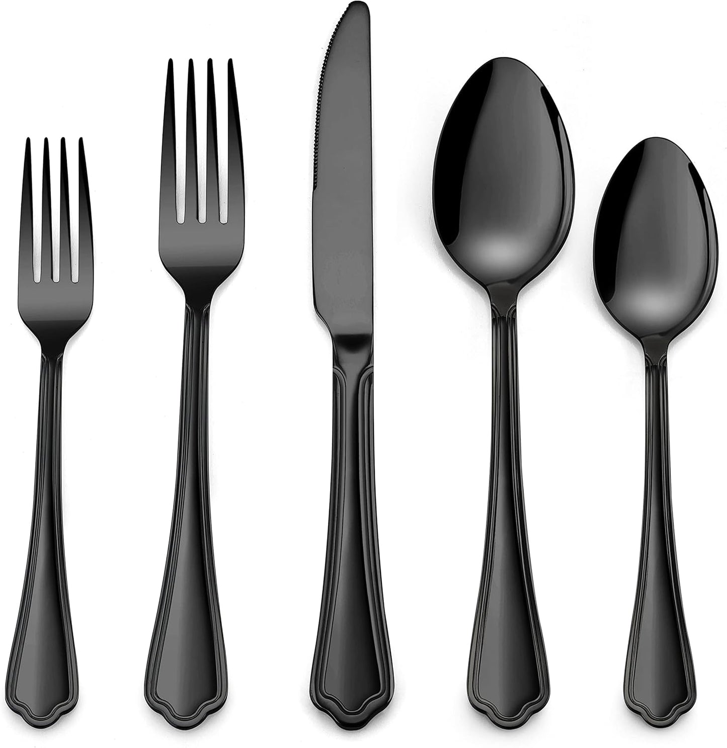 Herogo 20-Piece Black Silverware Set with Scalloped Edge, Stainless Steel Flatware Cutlery Set for 4, Modern Tableware Eating Utensils, Dishwasher Safe, Mirror Polished