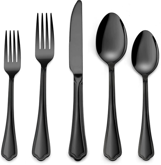 Herogo 20-Piece Black Silverware Set with Scalloped Edge, Stainless Steel Flatware Cutlery Set for 4, Modern Tableware Eating Utensils, Dishwasher Safe, Mirror Polished