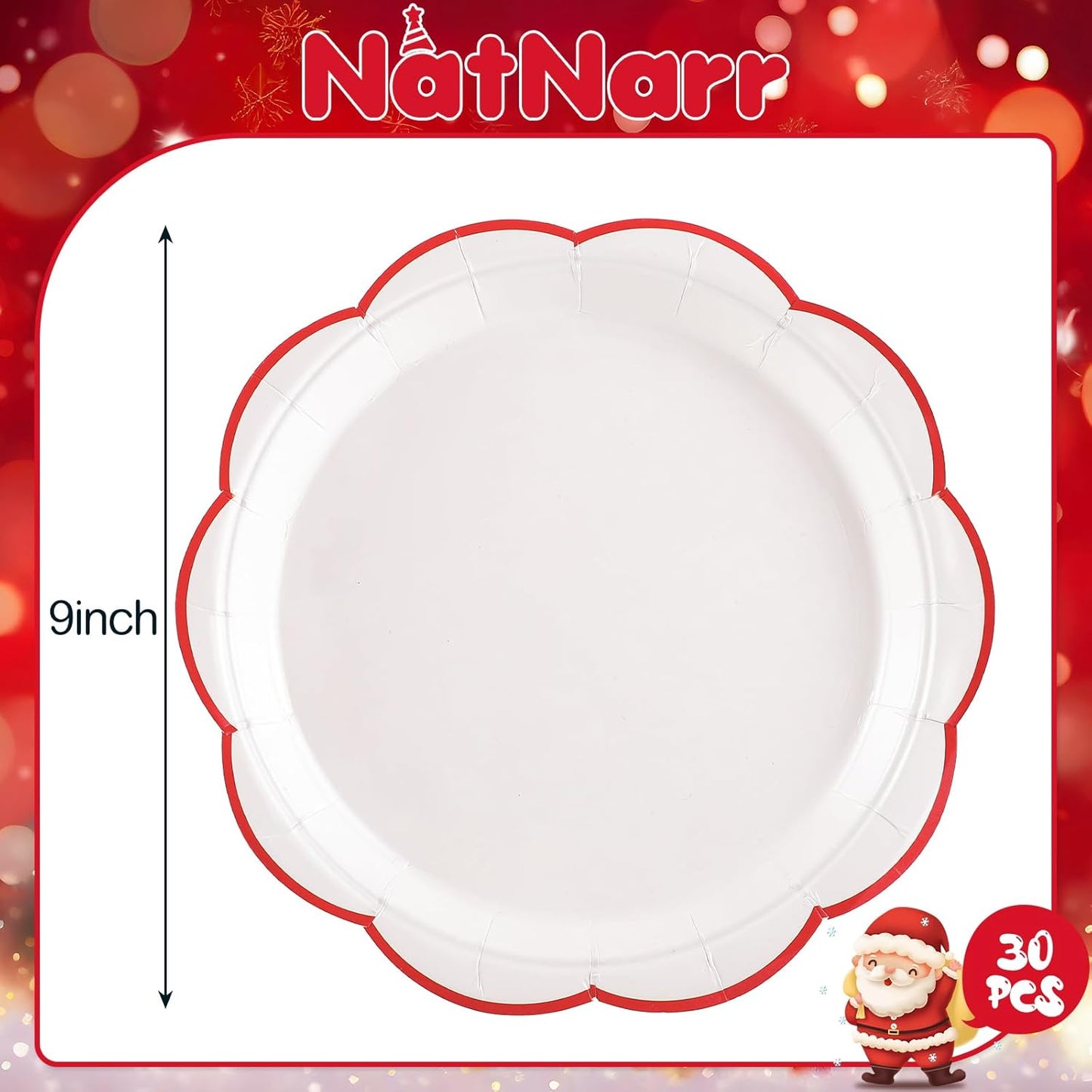 30 Pcs Christmas Paper Plates, 9 Inch White Plates with Red Trim Cute White Scalloped Paper Plate Disposable for Christmas, Baby Shower, Wedding, Bridal Shower