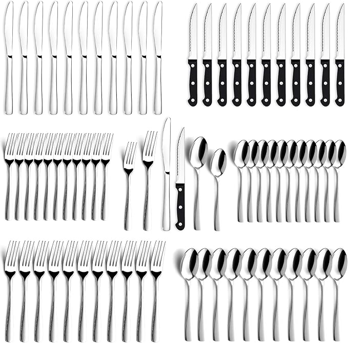 BEWOS 72-Pieces Silverware Set for 12 - Stainless Steel Flatware Set with Mirror Polish, Cutlery Set Including Steak Knives, Forks and Spoons, Dishwasher Safe for Restaurant (Silver)