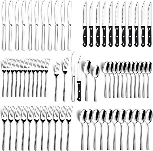 BEWOS 72-Pieces Silverware Set for 12 - Stainless Steel Flatware Set with Mirror Polish, Cutlery Set Including Steak Knives, Forks and Spoons, Dishwasher Safe for Restaurant (Silver)