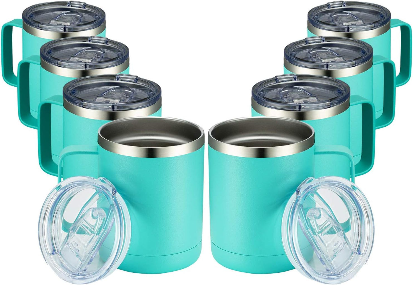 MEWAY 12oz Coffee Mug With Handle 8 Pack Bulk,Stainless Steel Insulated Travel Tumblers With Sliding Lid,Double Wall Vacuum Camping Cup for Hot & Cold Drinks Tea (Light Green,Set of 8)