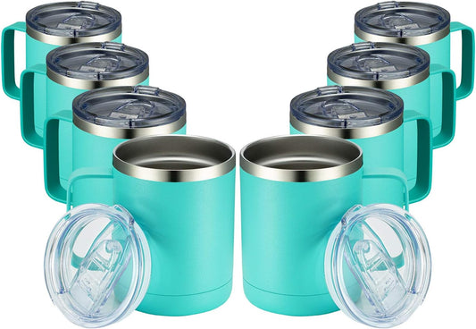 MEWAY 12oz Coffee Mug With Handle 8 Pack Bulk,Stainless Steel Insulated Travel Tumblers With Sliding Lid,Double Wall Vacuum Camping Cup for Hot & Cold Drinks Tea (Light Green,Set of 8)