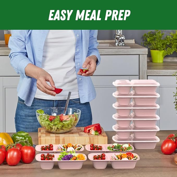 50 Pack (100-Piece) 28 oz Meal Prep Containers Reusable with Lids 2-Compartment, Sturdy Leakproof Food Safe, Microwave Freezer Dishwasher Safe, To Go Take Out Plastic Food Storage, Pink