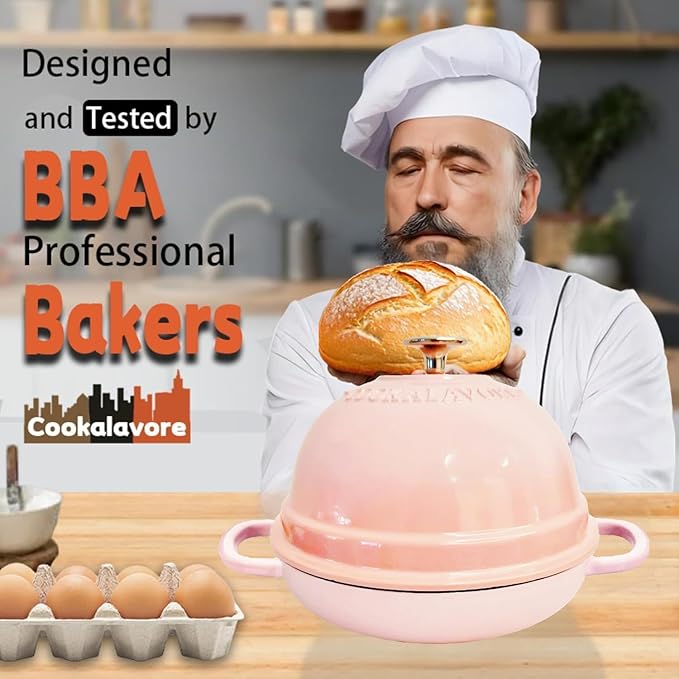 Dutch Oven for Bread Baking,6 Quart Enamel Bread Oven for Sourdough,10.5"Bread Oven with Lid,Bread Pans for Homemade Bread,Pink Thick Enamel Bread Pan-with Silicone Baking Mat&Recipe,Gifts for Family