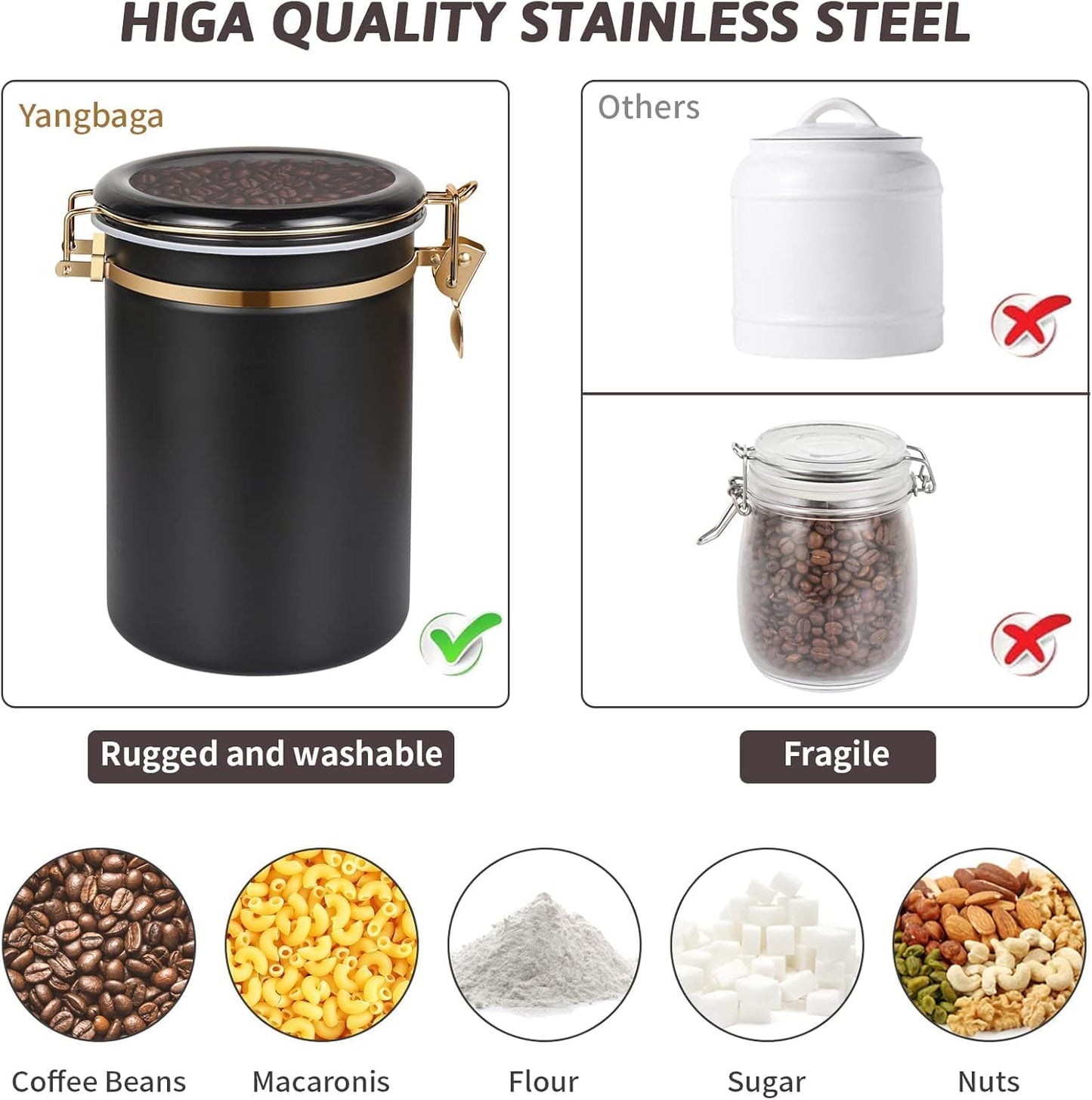 Yangbaga 304 Stainless Steel Coffee Canisters for Ground Coffee,3 x 63 OZ Coffee Container with Shelf Coffee Bean Storage, Food Storage Jar with Gold Airtight Locking Clamp and Spoon for Kitchen