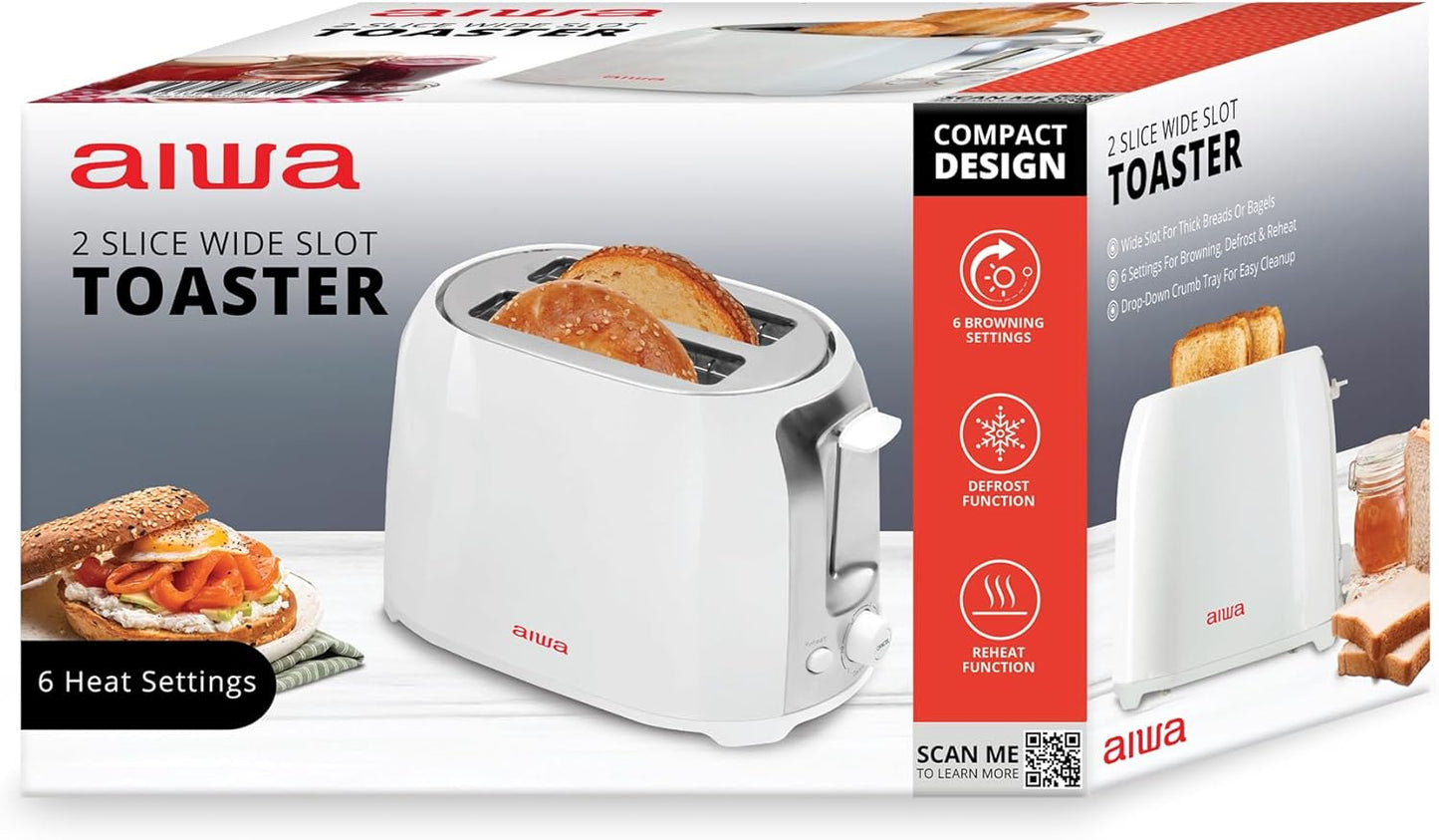 Aiwa Toaster, 2 Slice Wide Slot, Reheat and Defrost Function, 6 Browning Settings, Drop Down Crumb Tray, White