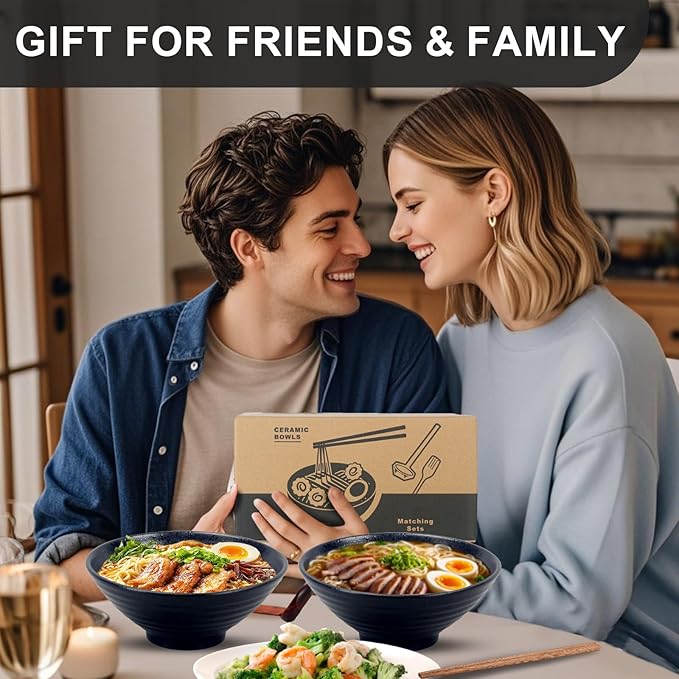 8-Inch Ceramic Ramen Bowl Set of 2 (9 Piece) - Porcelain Japanese Salad Noodles Cereal Fruit Pasta Soup Large Bowls with Recipes Chopsticks Forks Spoons for Men Women Gift Microwave & Dishwasher Safe