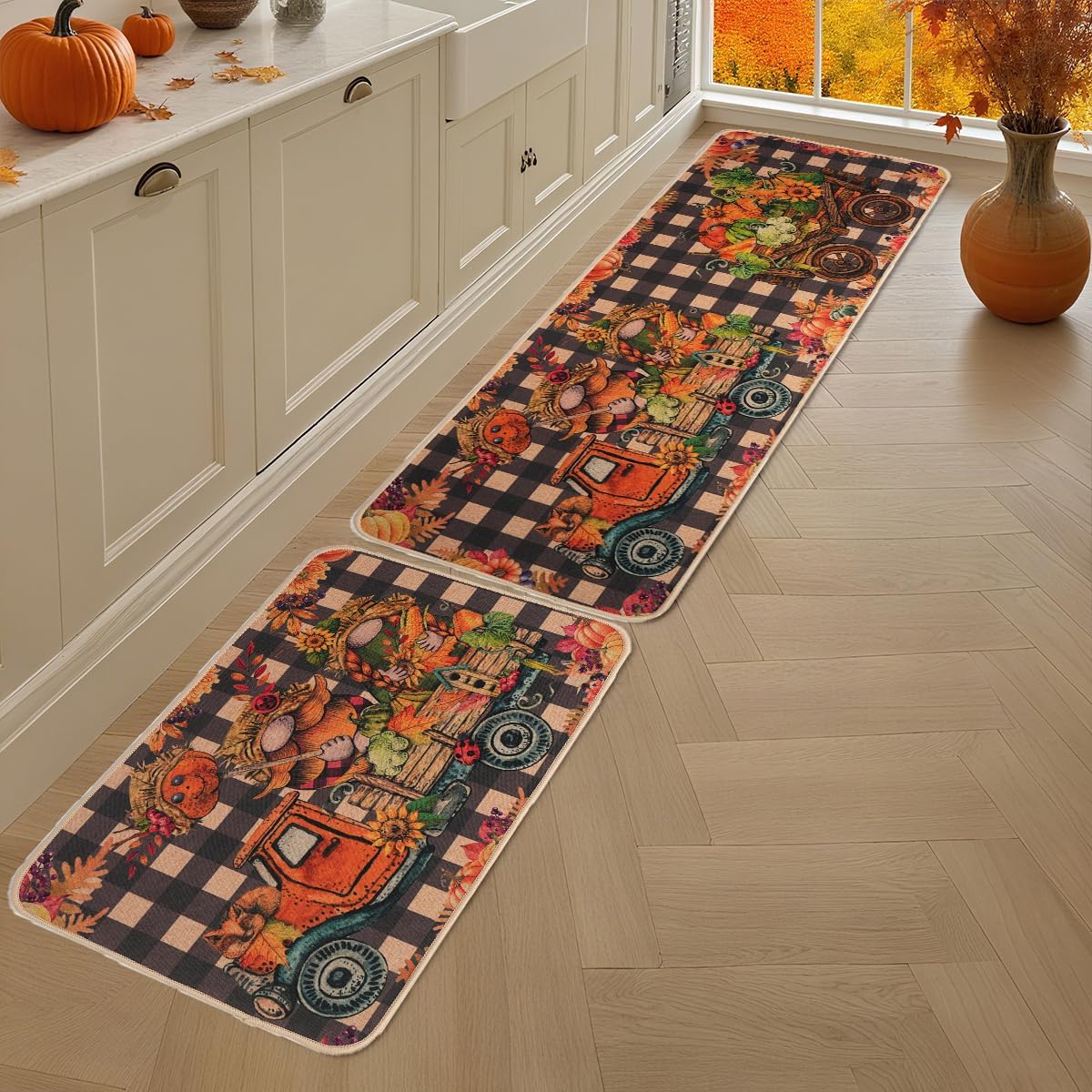 Larponder Fall Pumpkin Gnome Truck Kitchen Mats Set of 2, Non-Slip Absorbent Rug and Door Mats, Home Decor Kitchen Floor Rugs for Autumn Harvest Thanksgiving Holiday - 17x24 and 17x48 Inch