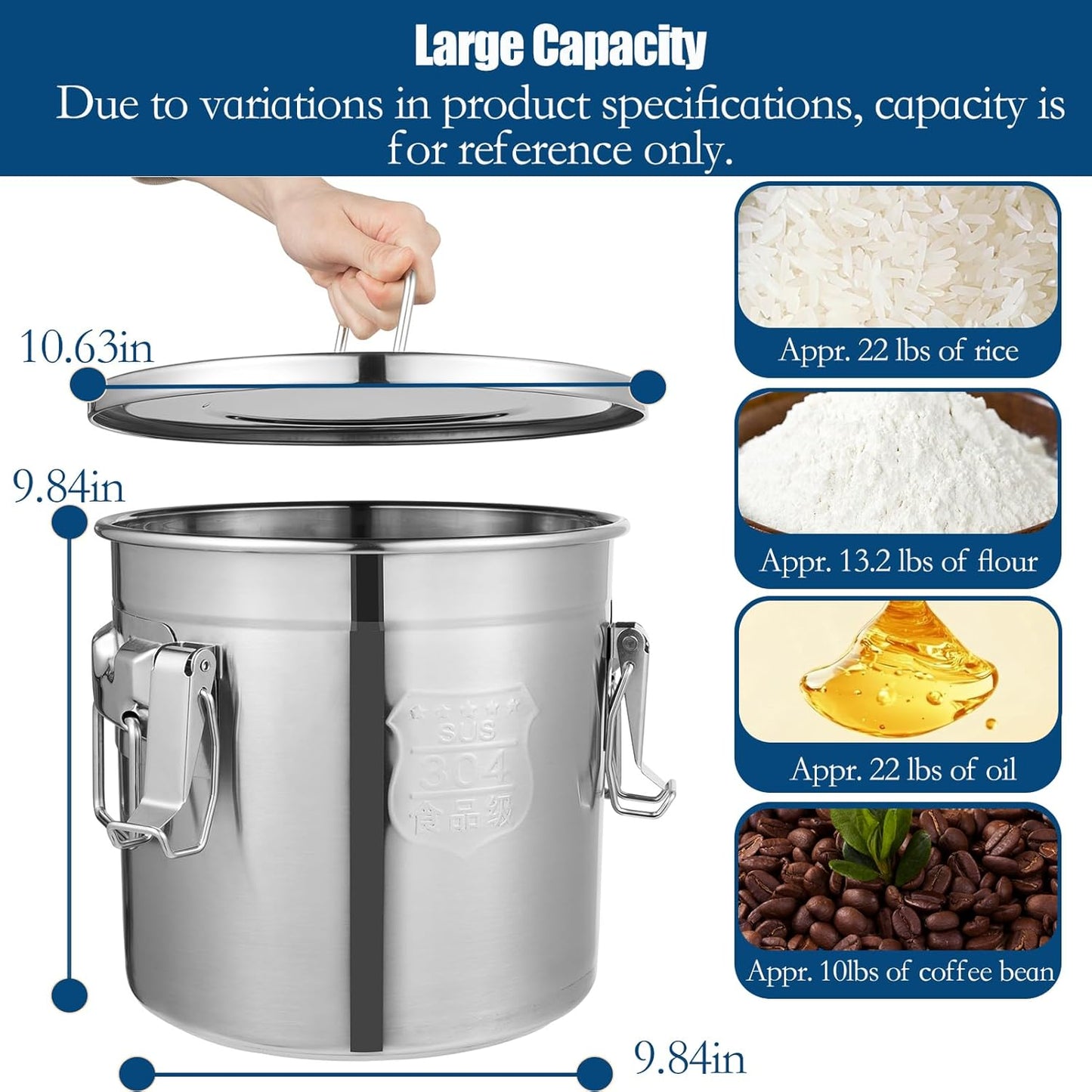 304 Stainless Steel Airtight Canister, 3.17Gal/405oz/12L Airtight Food Storage Container with Lid Lock Clips, Flour Container Metal Bucket Food Storage Container for Rice, Flour, Grain, Coffee Bean
