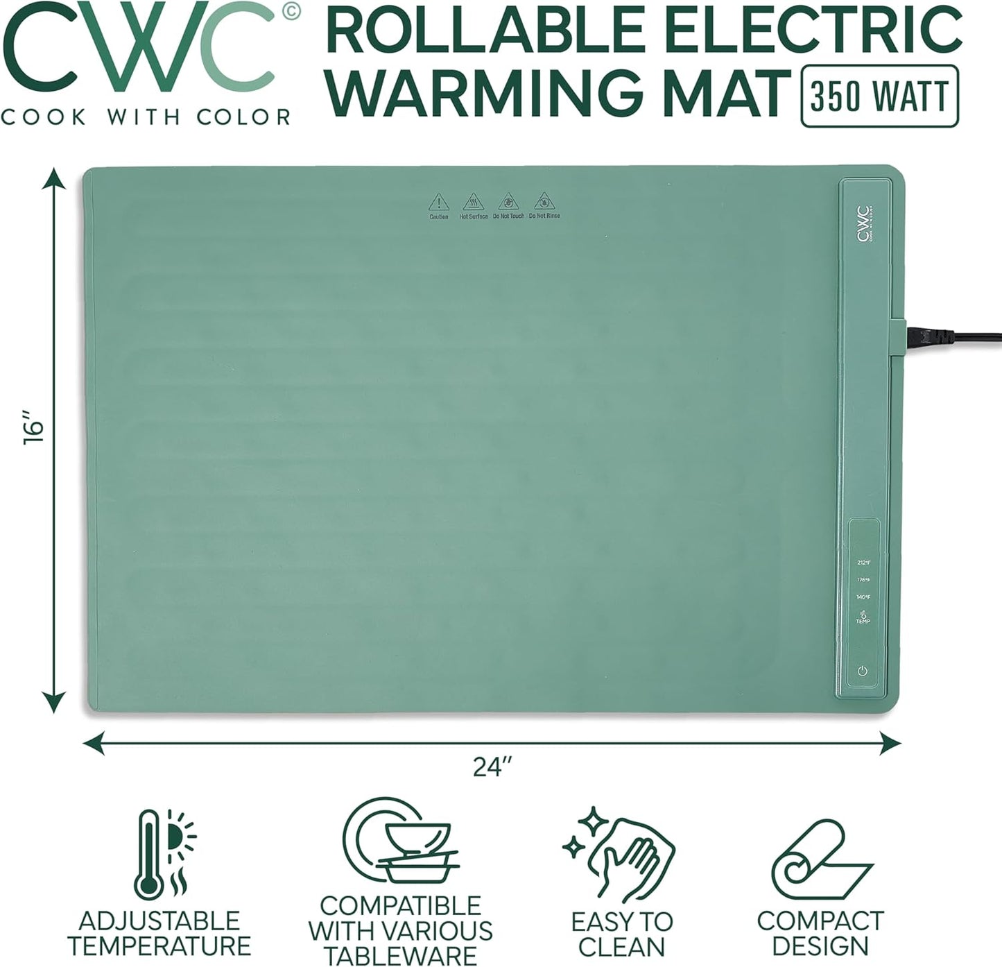 COOK WITH COLOR 350W Electric Food Warming Mat - Portable Food Warmer Tray with Adjustable Temperature, Fast 60-Second Heating, Auto Shut-Off, Rollable Silicone Pad for Parties & Everyday Use, Green
